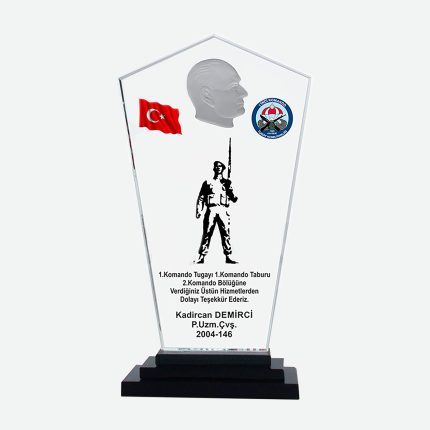 Hizmet Anısı Tabur Tugay Komando ve Atatürk Figürlü Kristal Plaket